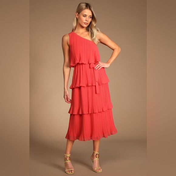 Lulus Vision of Spring Coral Plisse One-Shoulder Tiered Midi Dress Size Small - Picture 1 of 10